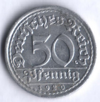 Монета 50 пфеннигов. 1920 год (F), Веймарская республика.