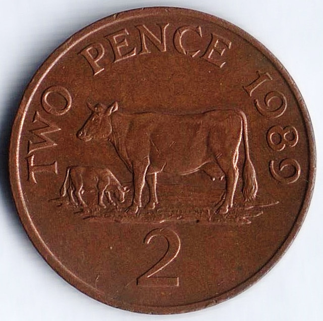 Монета 2 пенса. 1989 год, Гернси.