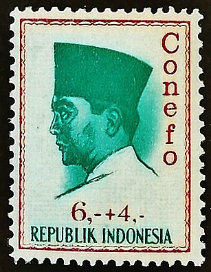 Марка почтовая (6+4 r.). "Президент Сукарно". 1965 год, Индонезия.
