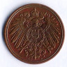 Монета 1 пфенниг. 1894 год (A), Германская империя.