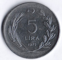 Монета 5 лир. 1979 год, Турция.