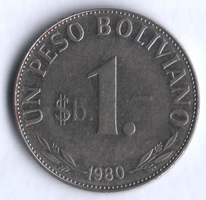 Монета 1 боливийский песо. 1980 год, Боливия.
