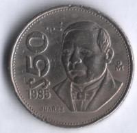 Монета 50 песо. 1985 год, Мексика. Бенито Хуарес.