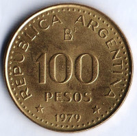 Монета 100 песо. 1979 год, Аргентина. 100 лет присоединения Патагонии.