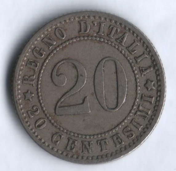 Монета 20 чентезимо. 1894"R" год, Италия.