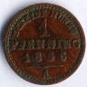 Монета 1 пфенниг. 1866(А) год, Пруссия.