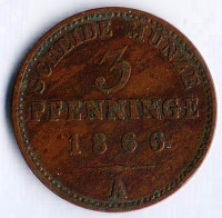 Монета 3 пфеннига. 1866(А) год, Пруссия.