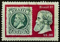 Почтовая марка. "100 лет марки Д. Педро II "Маленькая голова"". 1981 год, Бразилия.