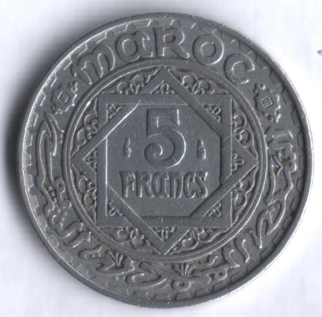 Монета 5 франков. 1951(1370) год, Марокко (протекторат Франции).
