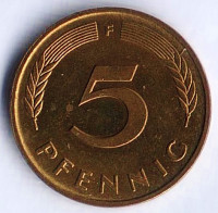 Монета 5 пфеннигов. 1989(F) год, ФРГ.
