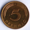 Монета 5 пфеннигов. 1989(F) год, ФРГ.