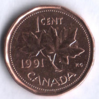 Монета 1 цент. 1991 год, Канада.