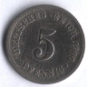 Монета 5 пфеннигов. 1900 год (A), Германская империя.