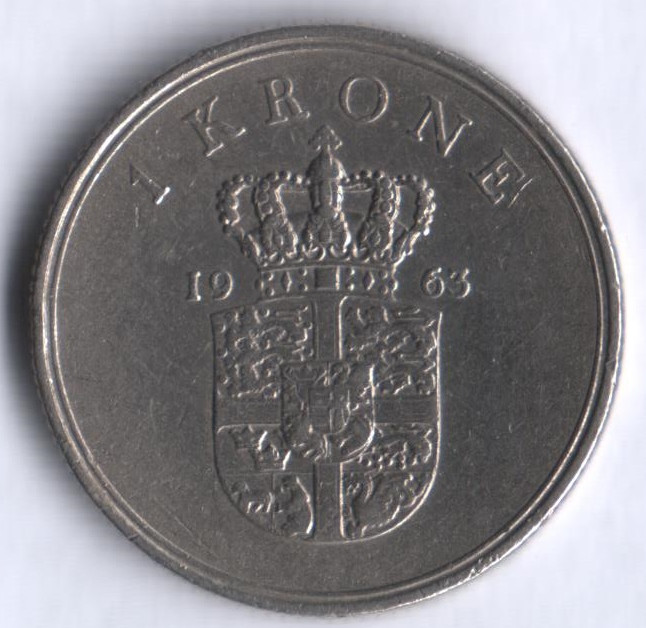 Монета 1 крона. 1963 год, Дания. C;S.
