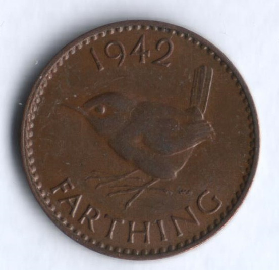 Монета 1 фартинг. 1942 год, Великобритания.