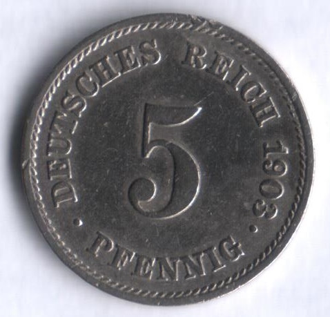 Монета 5 пфеннигов. 1903 год (E), Германская империя.