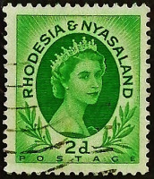 Почтовая марка (2 p.). "Королева Елизавета II". 1954 год, Родезия и Ньясаленд.