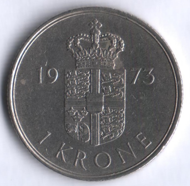 Монета 1 крона. 1973 год, Дания. S;B.