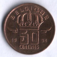 Монета 50 сантимов. 1994 год, Бельгия (Belgique).