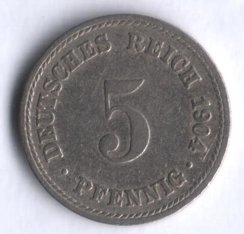 Монета 5 пфеннигов. 1904 год (A), Германская империя.