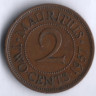 Монета 2 цента. 1957 год, Маврикий.