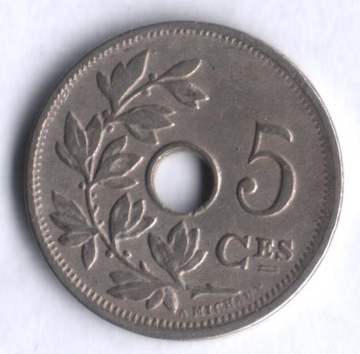 Монета 5 сантимов. 1910 год, Бельгия (Belgique).