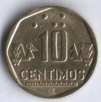 Монета 10 сентимо. 1995 год, Перу.