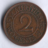 Монета 2 цента. 1962 год, Маврикий.