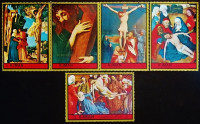 Набор марок (5 шт.) с блоком. "Пасха: Картины с изображением Распятия Христа". 1972 год, Аджман.