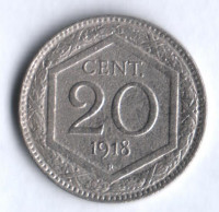 Монета 20 чентезимо. 1918 год, Италия.