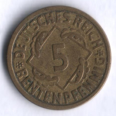 Монета 5 рентенпфеннигов. 1924 год (A), Веймарская республика.