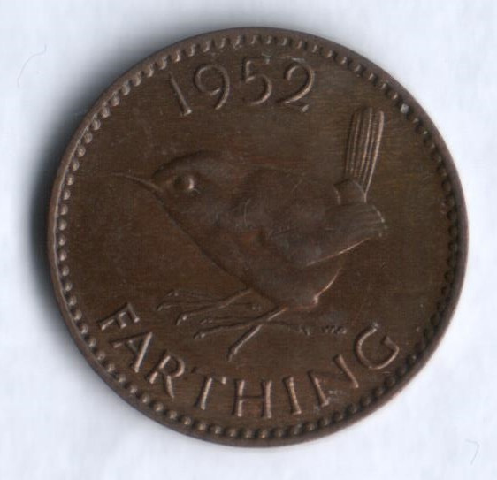 Монета 1 фартинг. 1952 год, Великобритания.