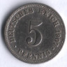 Монета 5 пфеннигов. 1907 год (D), Германская империя.