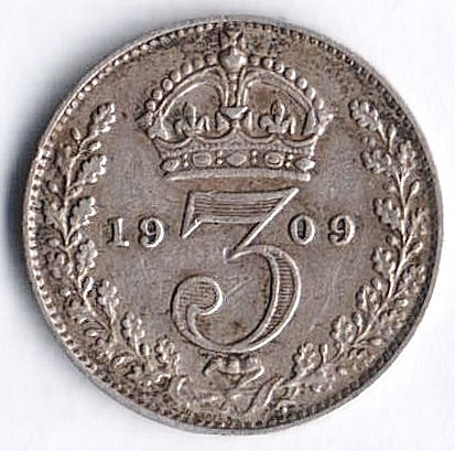 Монета 3 пенса. 1909 год, Великобритания.