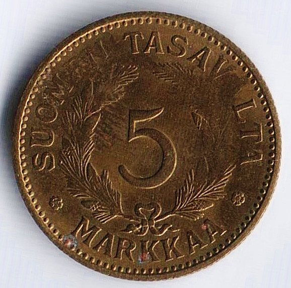 Монета 5 марок. 1947(S) год, Финляндия.