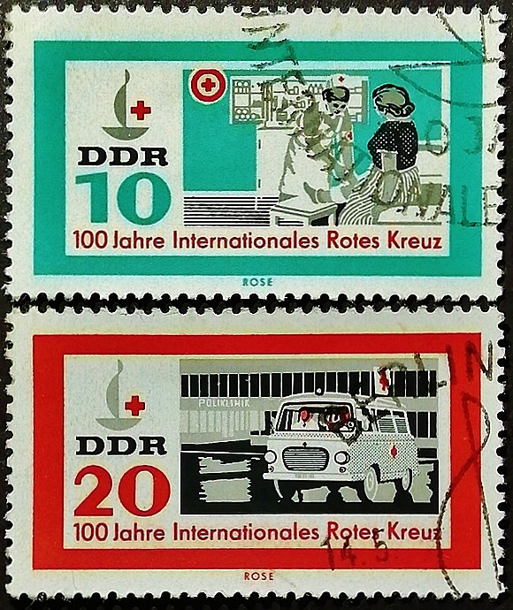 Набор почтовых марок (2 шт.). "Красный крест". 1963 год, ГДР.