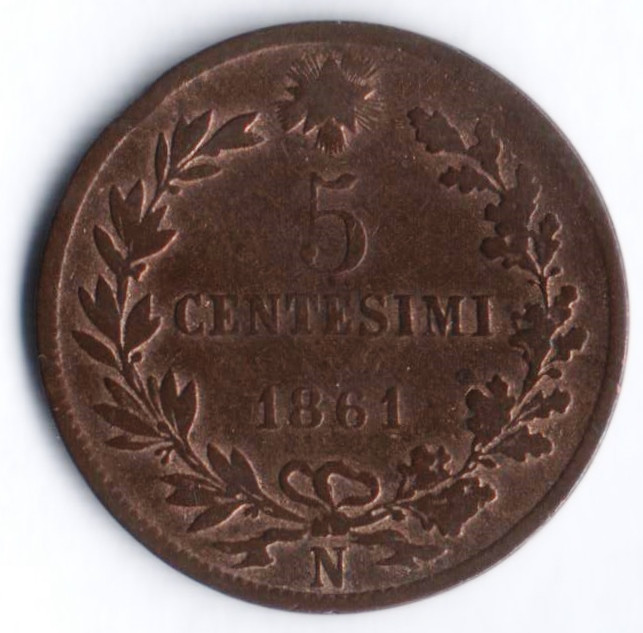 Монета 5 чентезимо. 1861(N) год, Италия.