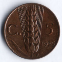 Монета 5 чентезимо. 1925 год, Италия.
