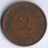 Монета 2 цента. 1967 год, Маврикий.