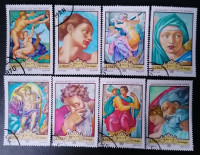 Набор почтовых марок  (8 шт.). "Картины Микеланджело Буонарроти". 1970 год, Аджман.