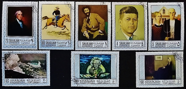 Набор марок (8 шт.) с блоком. "Картины американских художников". 1968 год, Шарджа.