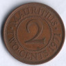 Монета 2 цента. 1971 год, Маврикий.
