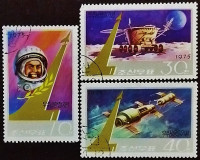 Набор почтовых марок (3 шт.). "Советские космические исследования". 1975 год, КНДР.
