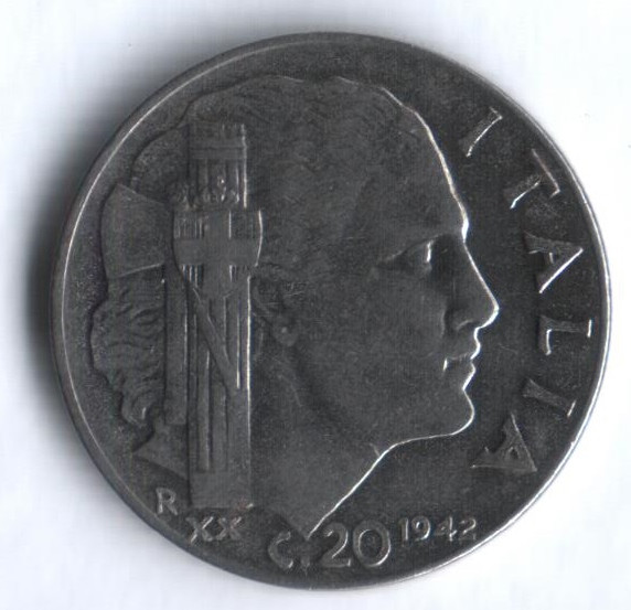Монета 20 чентезимо. 1942(Yr.XX) год, Италия.