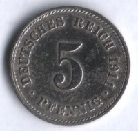 Монета 5 пфеннигов. 1911 год (G), Германская империя.