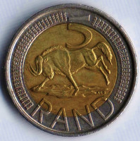 Монета 5 рандов. 2013 год, ЮАР. iSewula Afrika - iNingizimu Afrika.