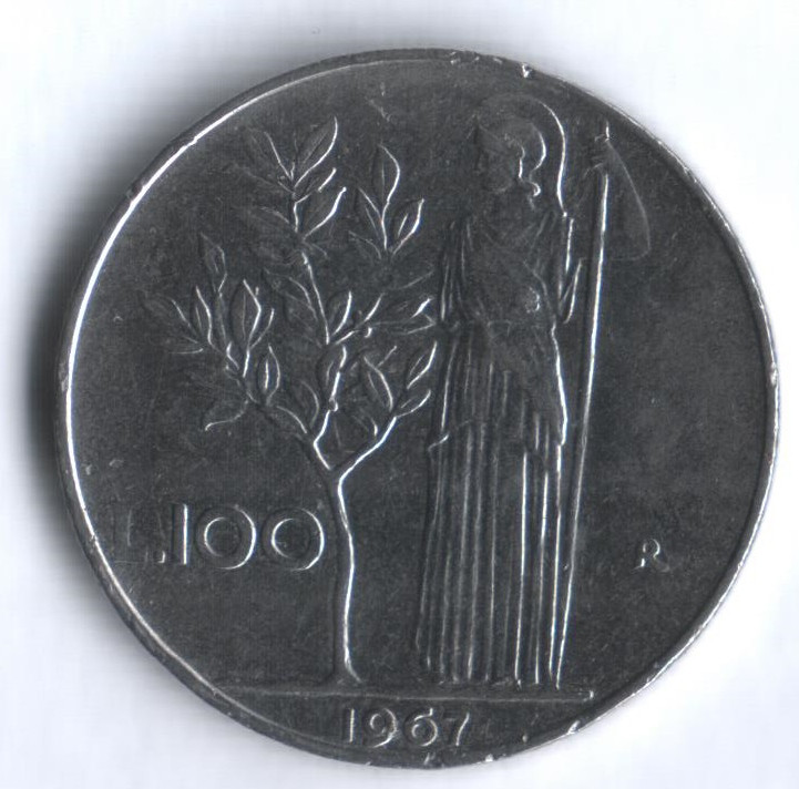 Монета 100 лир. 1967 год, Италия.