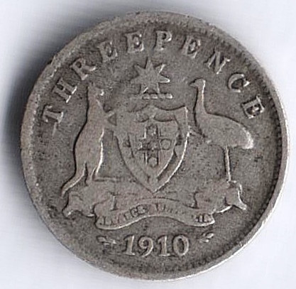 Монета 3 пенса. 1910(L) год, Австралия.