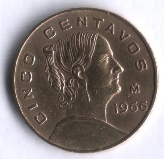 Монета 5 сентаво. 1966 год, Мексика. Жозефа Ортис де Домингес.
