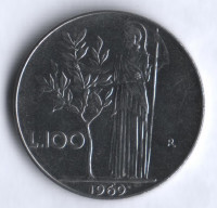 Монета 100 лир. 1969 год, Италия.